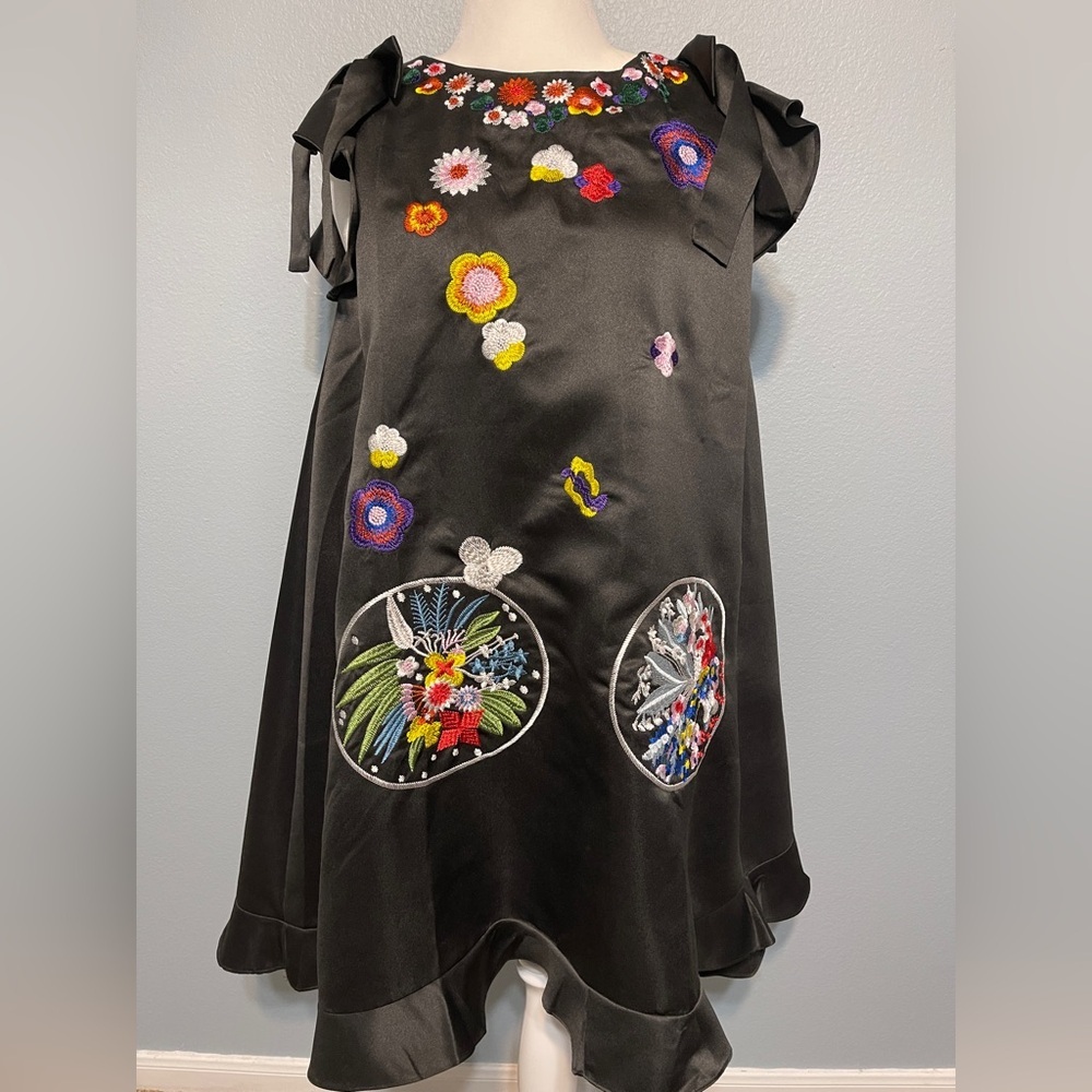 Black Embroidered Floral Dress Ruffle Sleeve Silk Blend Shift Artsy Boho XL